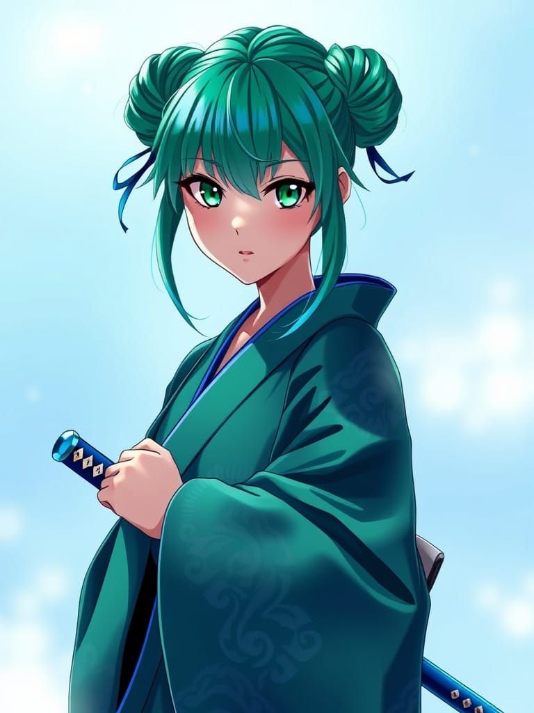 Anime Woman with Vibrant Green Hair and Blue Katana in Tradi...