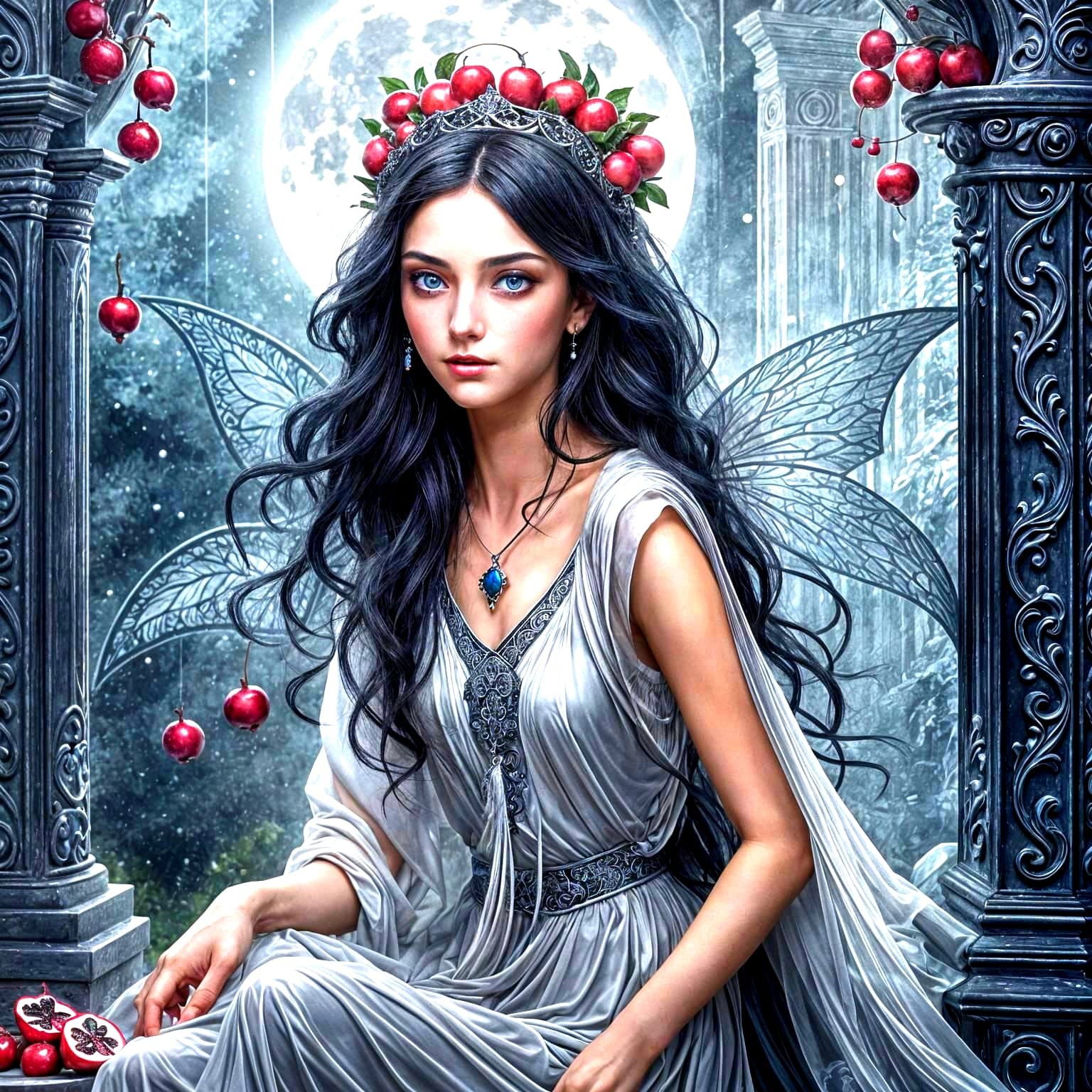 Black Haired Fairy Between Pillars with Moon Crown