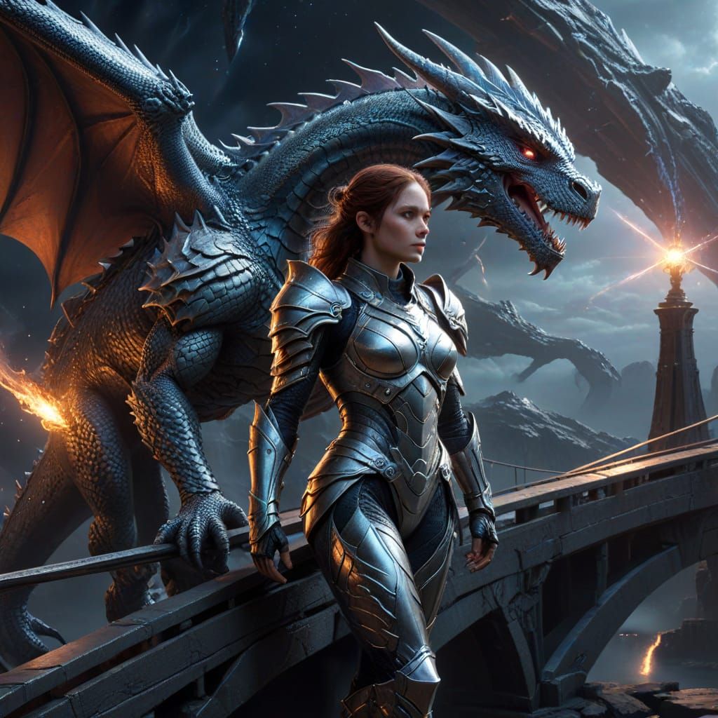 Warrior Woman and Dragon on Bridge Under Andromeda Galaxy