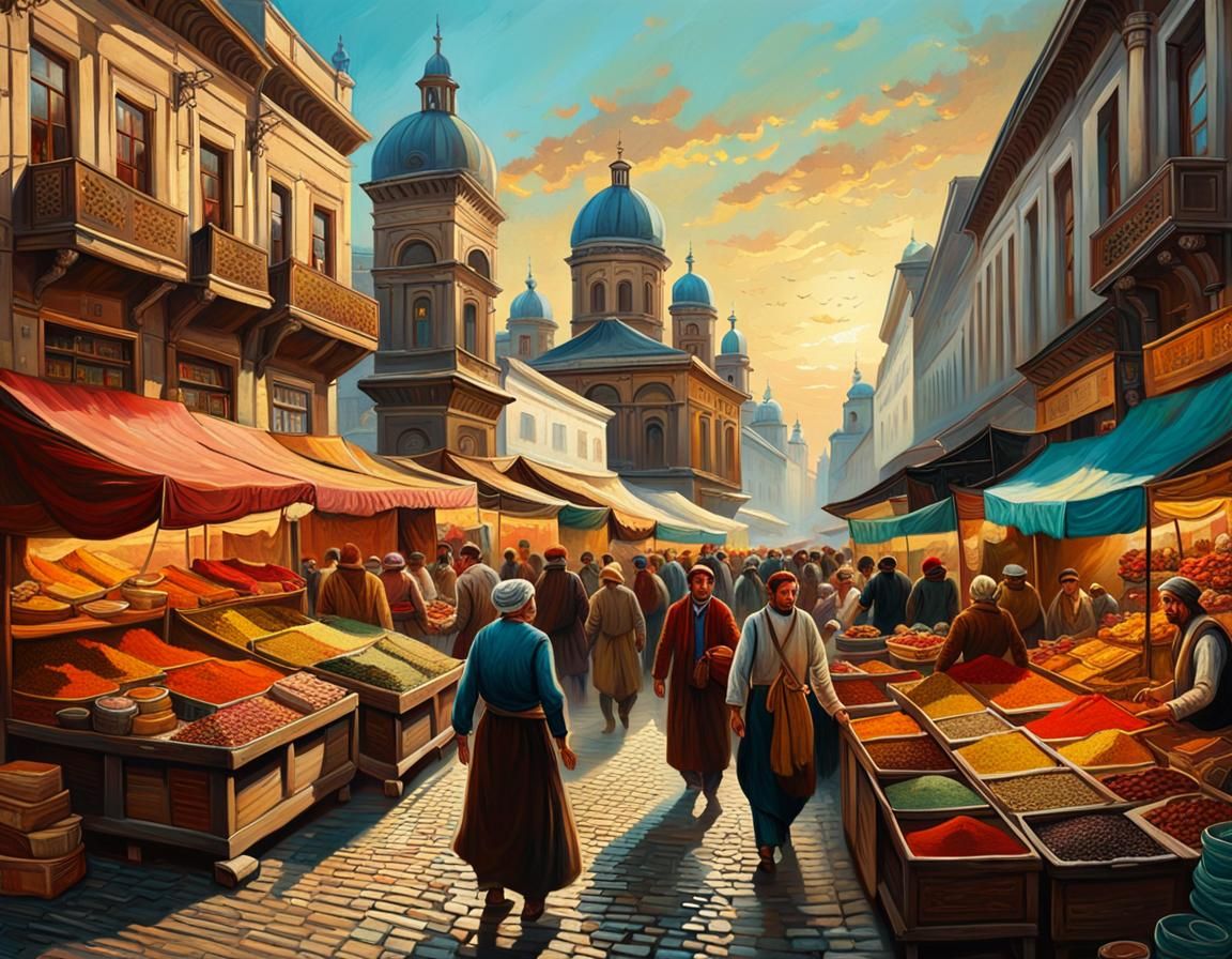 Bustling Bucharest Marketplace in Art Nouveau Style