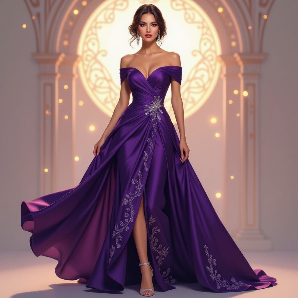 Elegant Woman in Purple Festive Dress with Vlants Embroidery