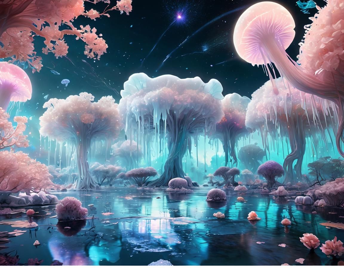 Bioluminescent Ice Garden with Rainbow: Fantasy Art
