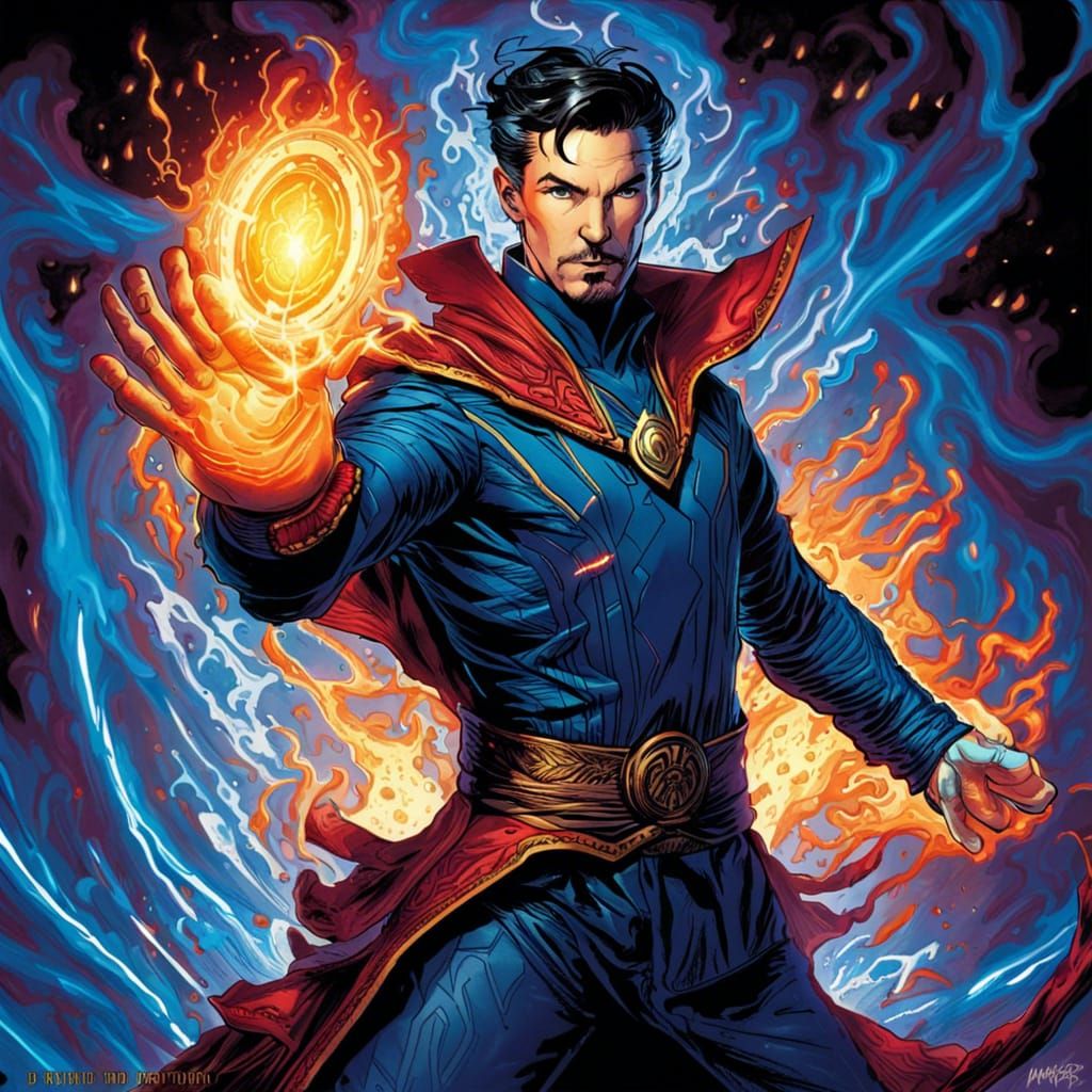 Doctor Strange Defender Suit with Blue Flame Comic Art