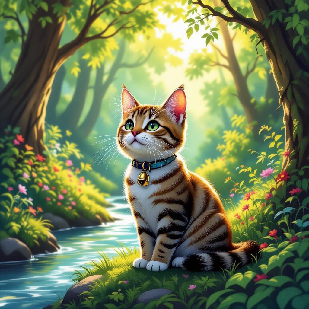 Tabby Cat in a Magical Forest, Art Nouveau Style