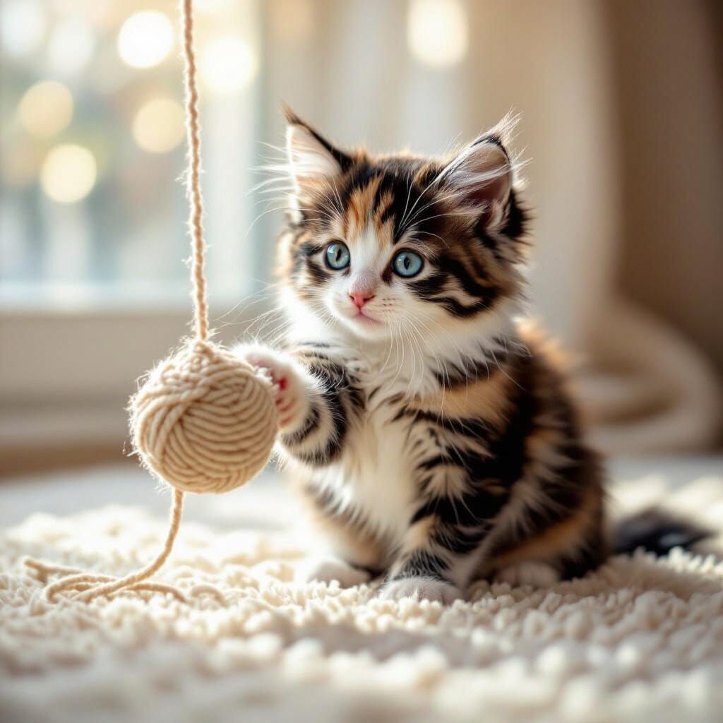 Fluffy Calico Kitten Plays with Yarn, Photorealistic Style