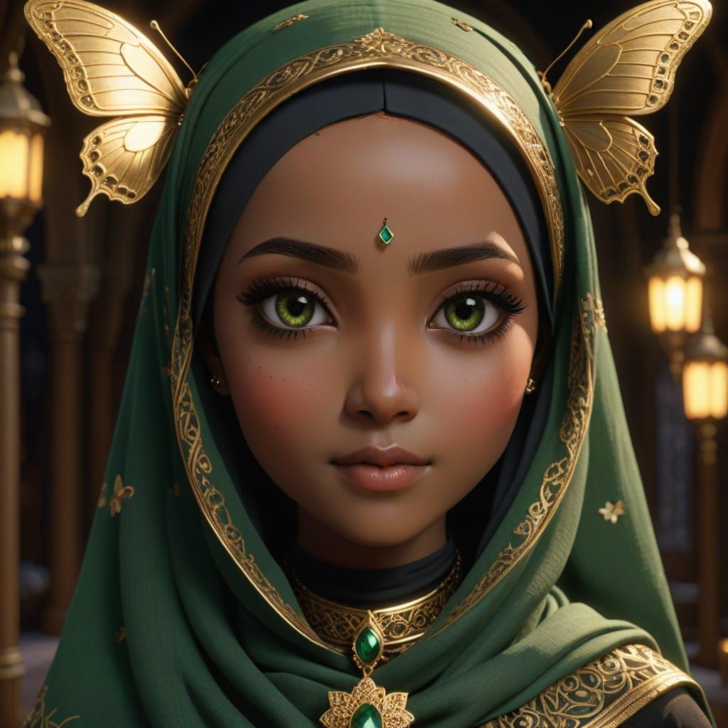 Mini Blythe Doll in Green Hijab and Butterfly Pin, Warm Gold...