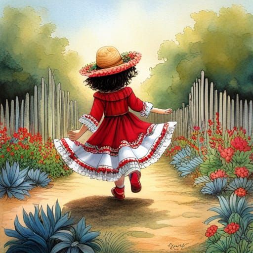 Mexican Baby in Garden: Traditional Matte Painting