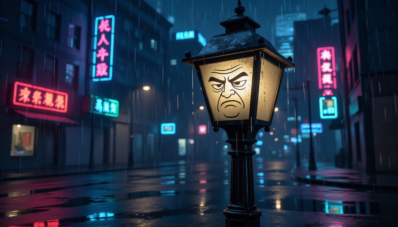 Grumpy Streetlamp Glaring in Cyberpunk Rain