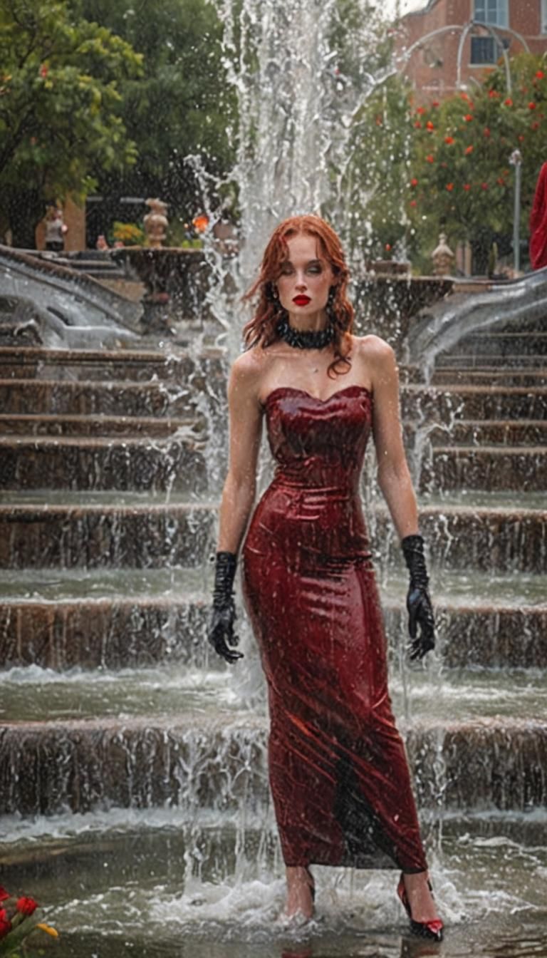 Glamorous Woman in Red Dress in Fountain