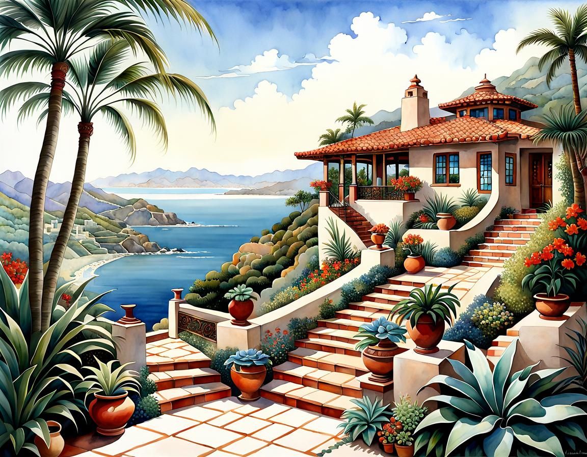 Malibu Hilltop Bungalow in Watercolor Art Style