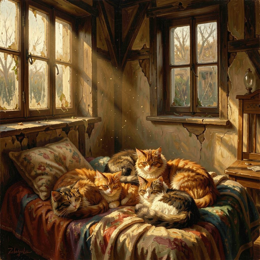 Cozy Cats in Dilapidated Tudor House Oil Painting