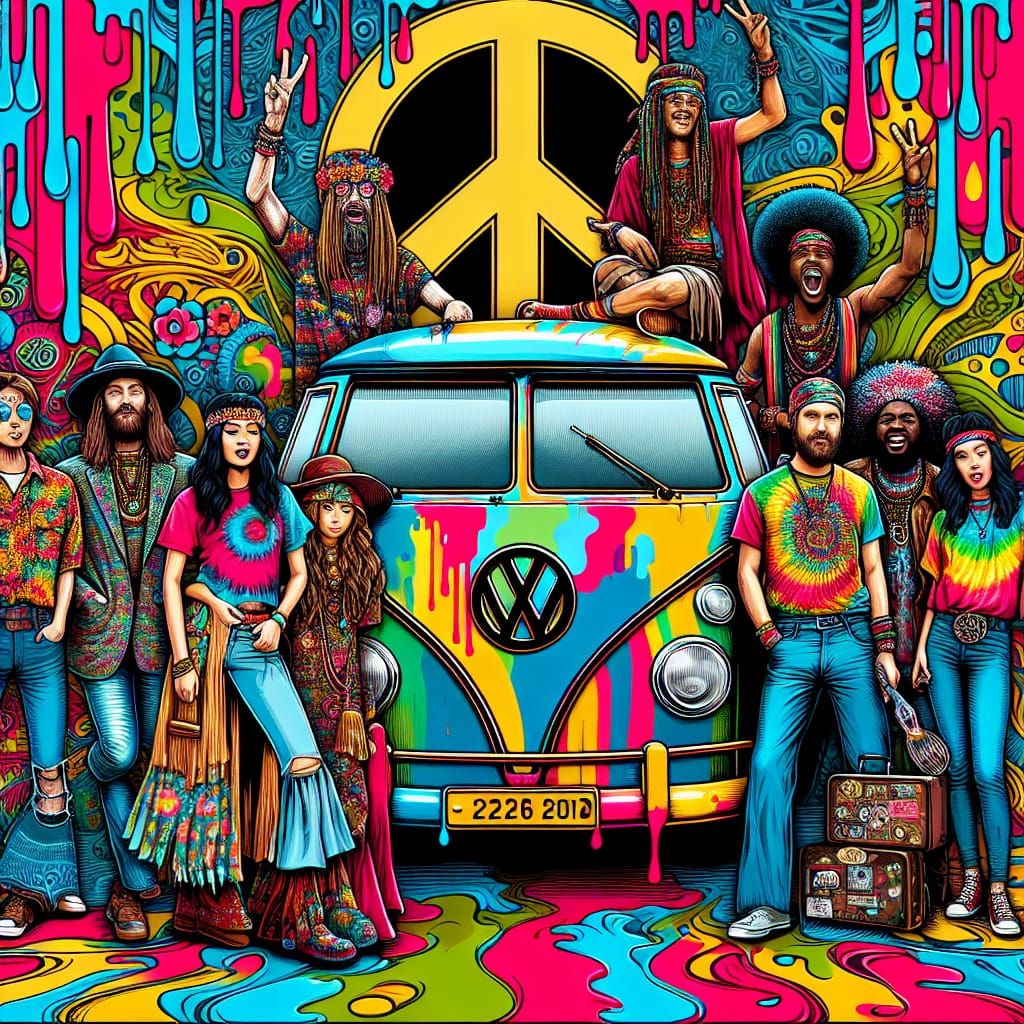 Psychedelic Hippie Scene with Vintage Volkswagen in 8K