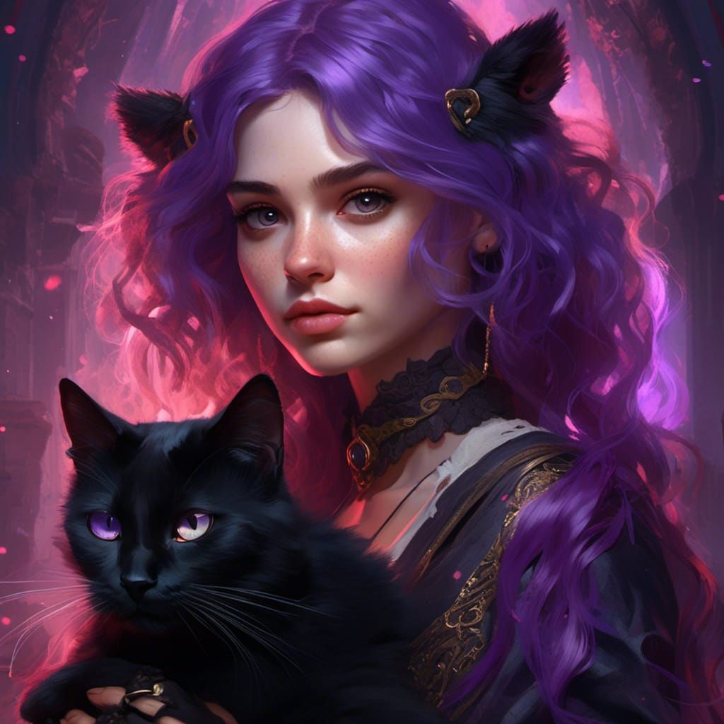 Witchy Girl with Cat in Hyperrealistic Art Nouveau Style