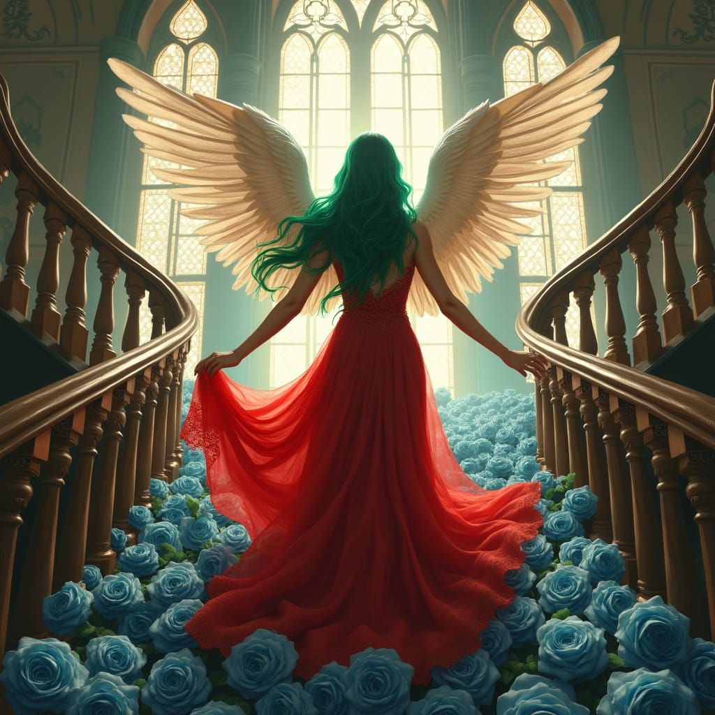 Vibrant Angel Ascends Staircase of Blue Roses in Gothic Sple...