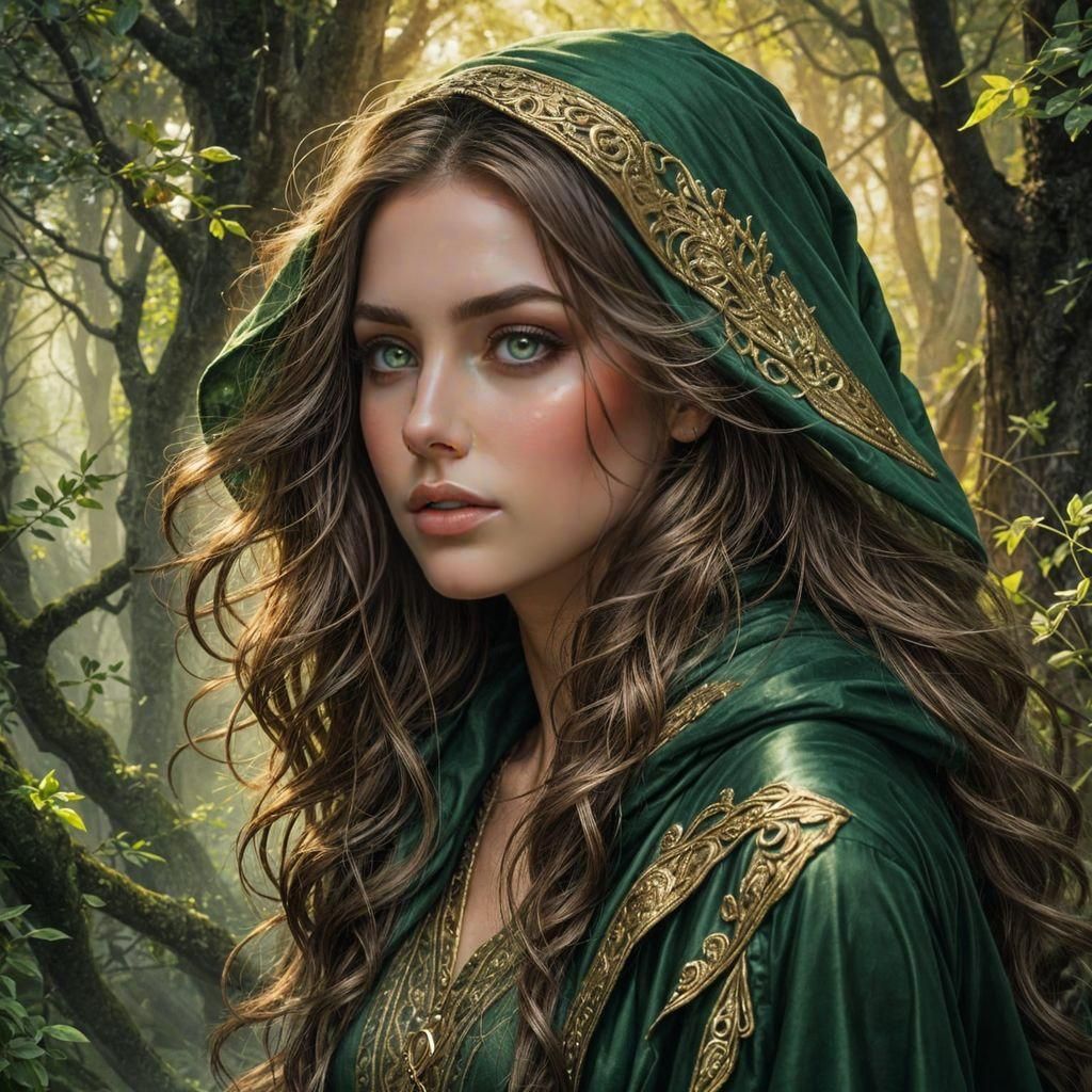 Mystical Green-Eyed Girl with Flowing Brown Hair