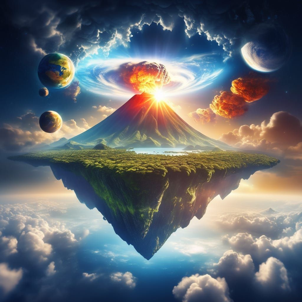 Floating Islands with Volcano Under Divine Sunshine