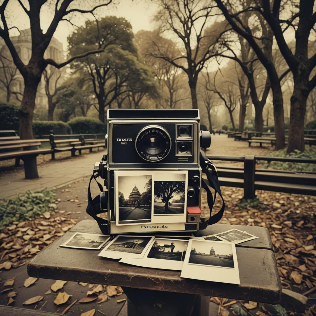 Vintage Polaroid Camera on Park Bench