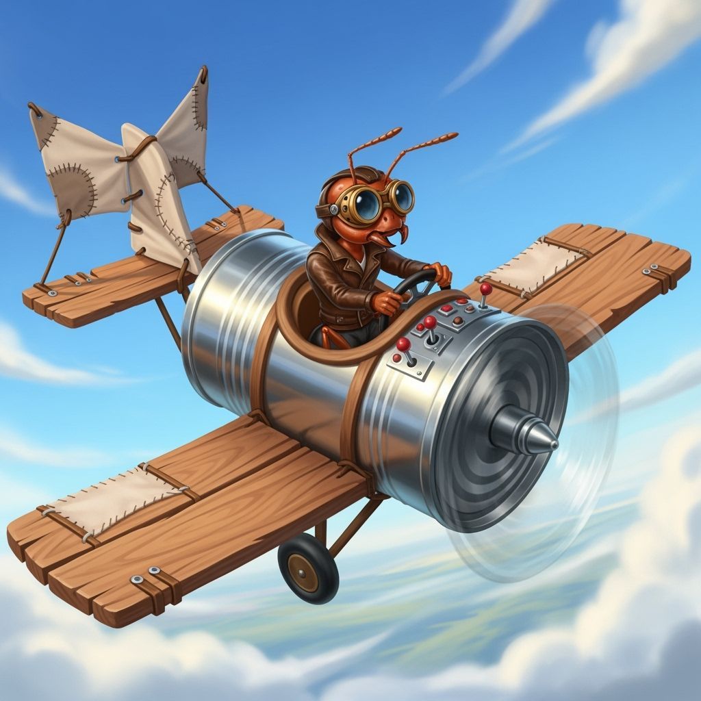 Ant Pilot Soaring in Steampunk Airplane