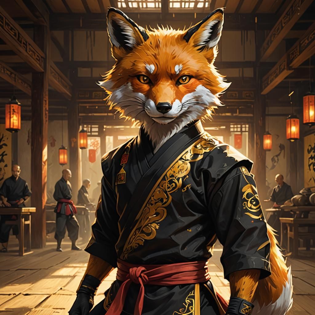 Fox in Karate Outfit, Digital Art Portrait