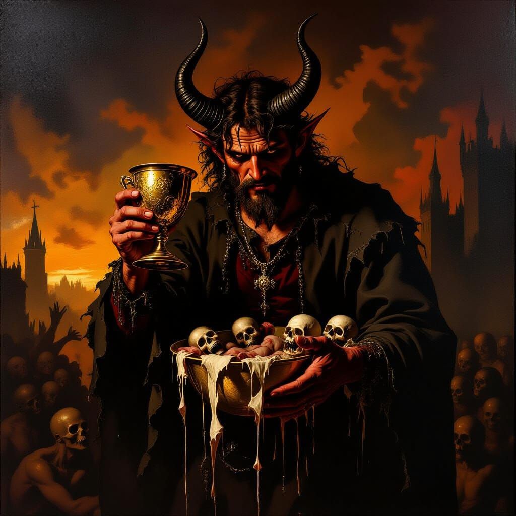 Devil Pours Souls from Golden Goblet in Hellscape