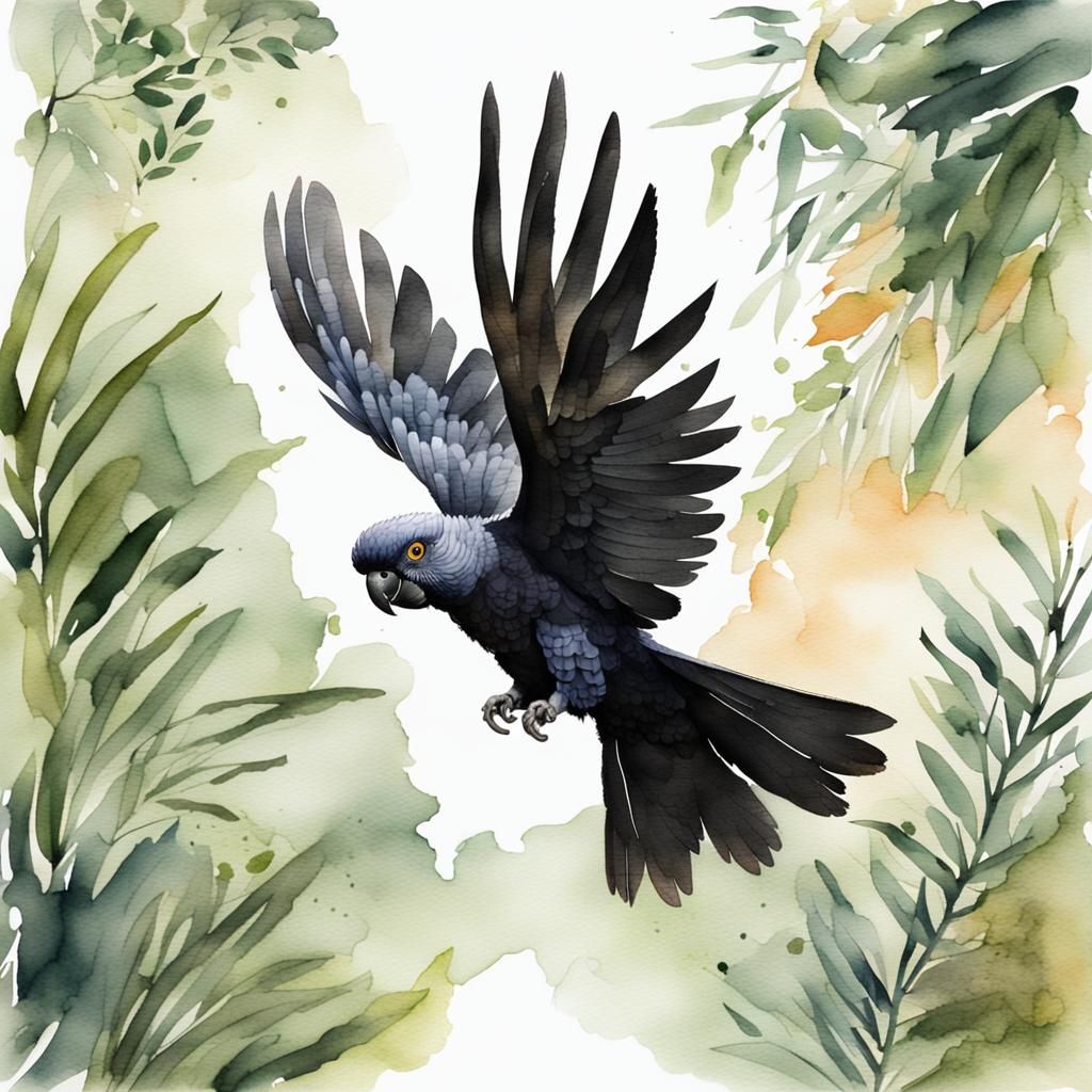 Black Cockatoo in Flight: Watercolor Painting