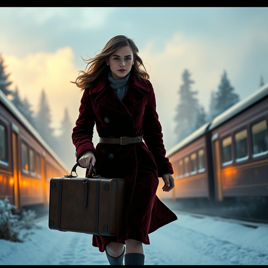 Burgundy Coat Girl Rushes to Train in Winter Wonderland