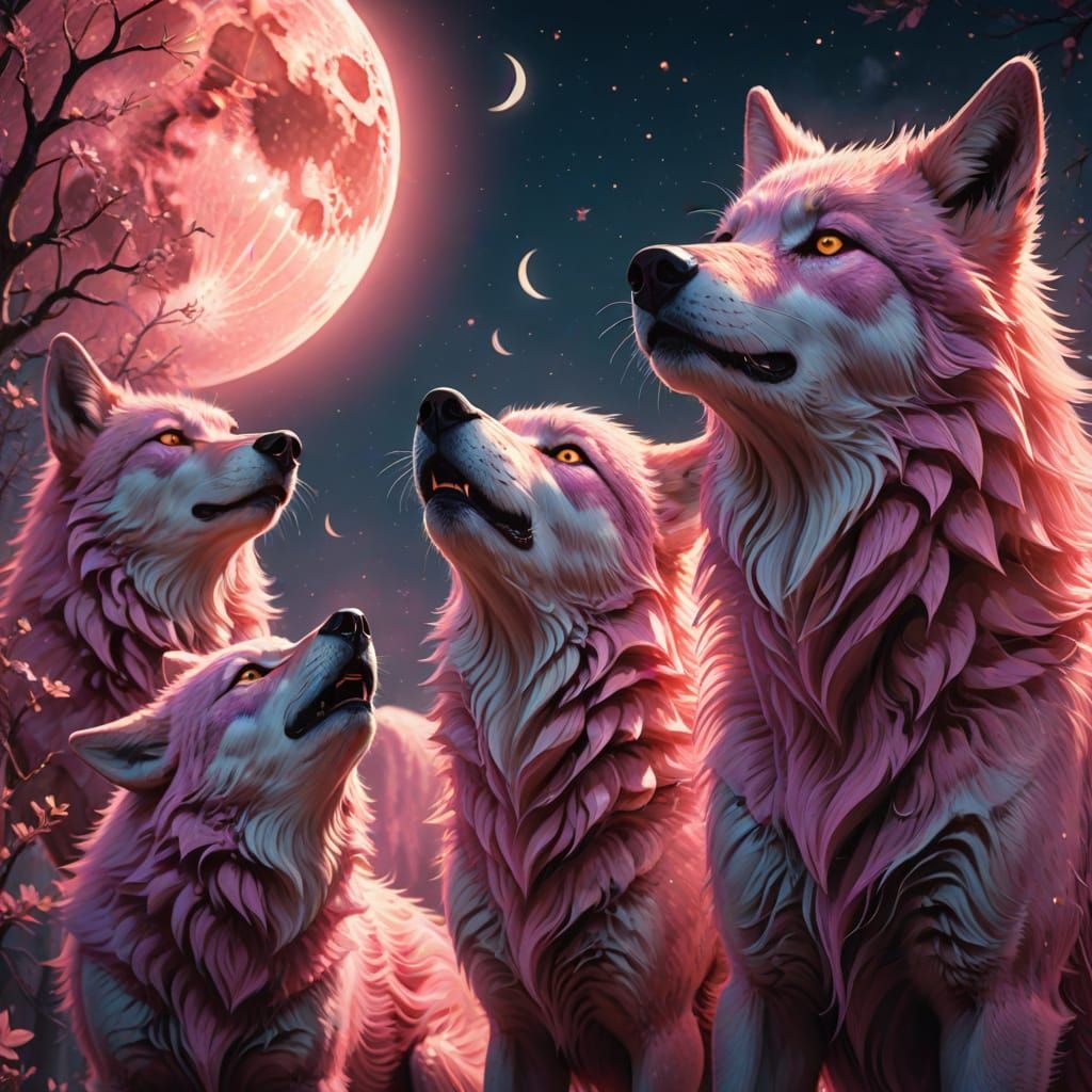 Glamorous Pink Wolves Howl at Moon in Vibrant Pastel Colors