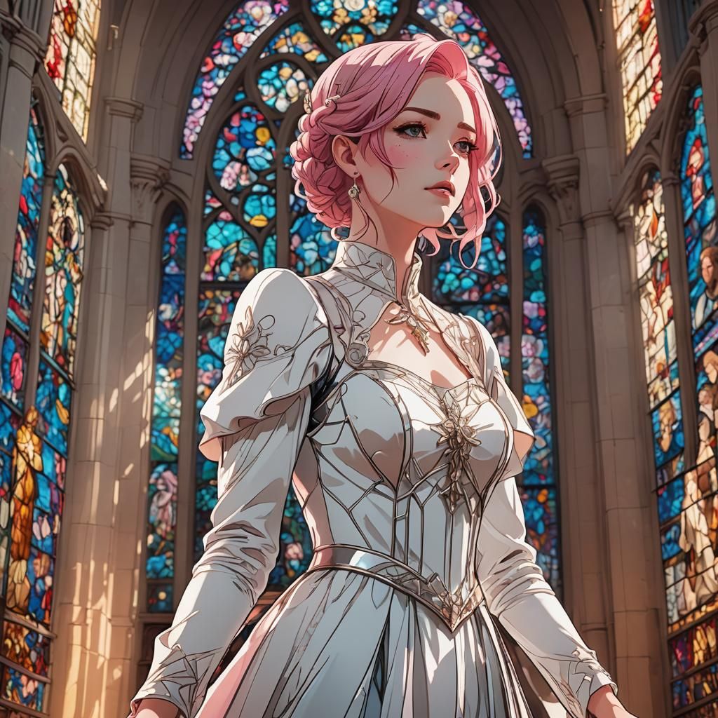 Pink-Haired Woman in Chapel: Cinematic Anime Illustration