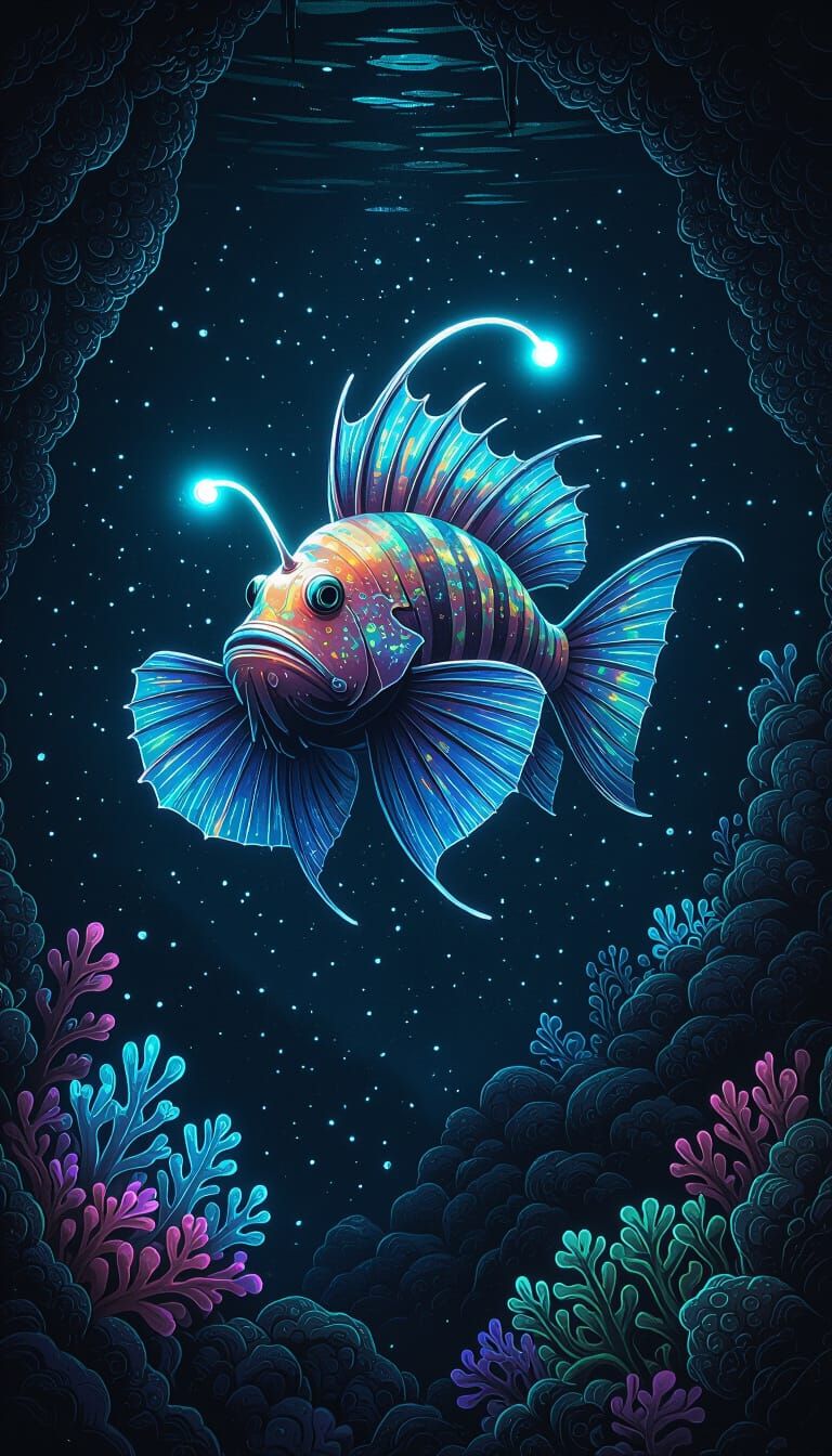 Bioluminescent Anglerfish in Alien Ocean Abyss