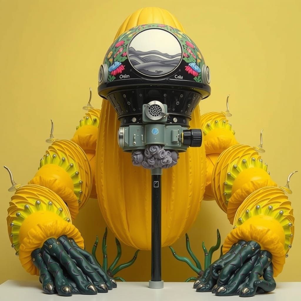 Surrealist Landscape with Modernist Cabin and Fungi Flags