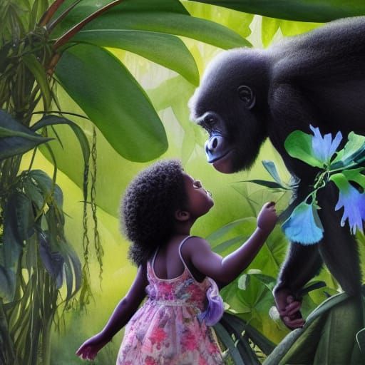 Gorilla Offers Flower to Girl: Watercolor Painting