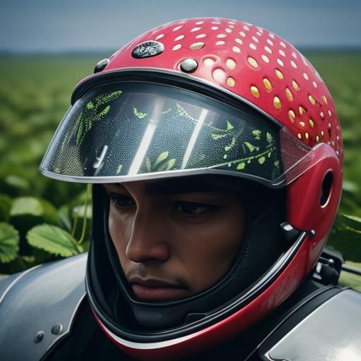 Dragonfly in Helmet on Strawberry, Cinematic Close-Up