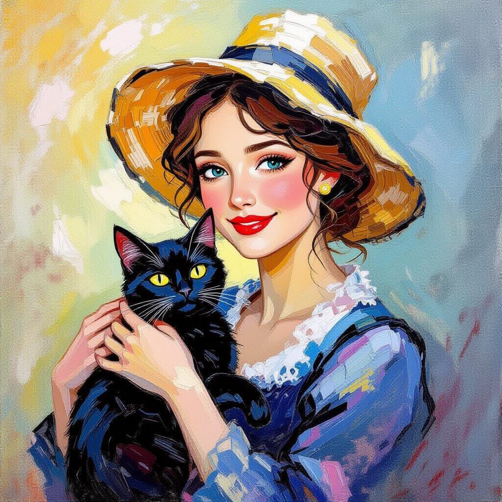 Lady with Black Cat: Impressionistic Oil Painting