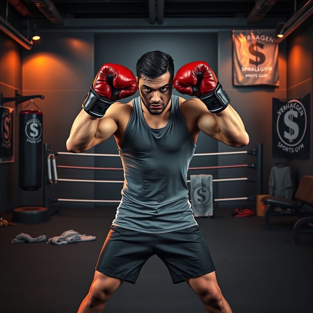 Intense Boxer in Defensive Stance, Focused on Victory