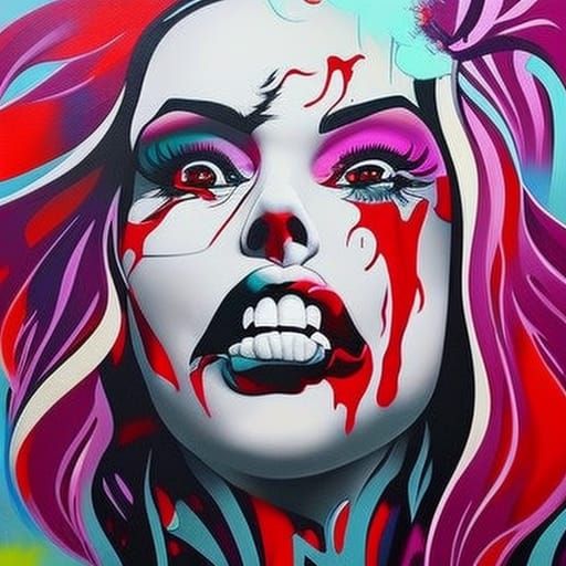 Crazy lunatic lady sticking her bloody tongue out and drooling all over her chest, splash art, detailed, color depth, dr...