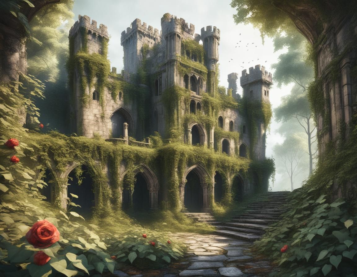Dilapidated Castle Overgrown with Rose Hips