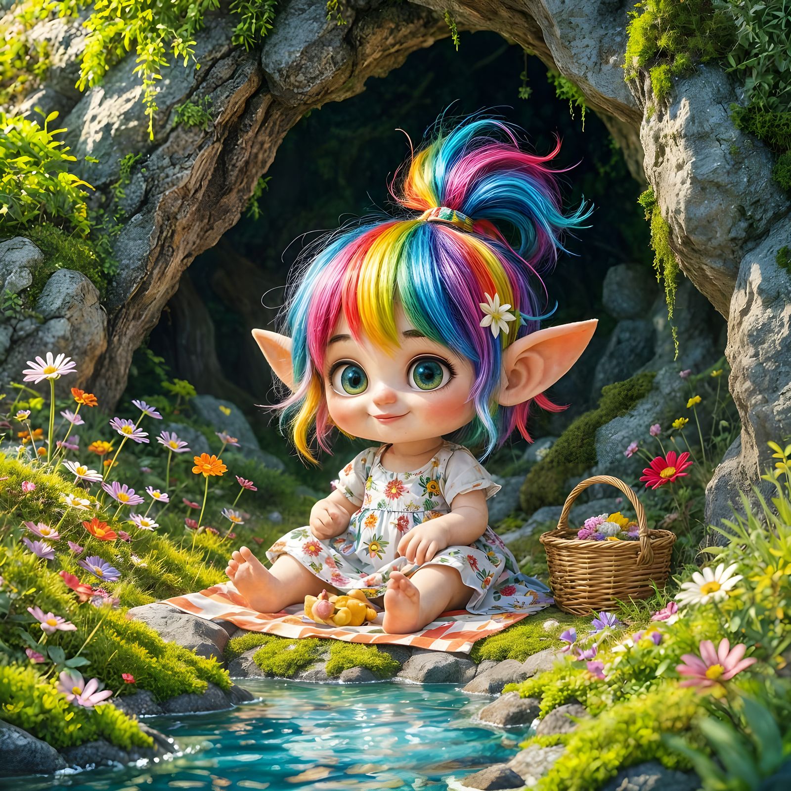 Rainbow Haired Troll Picnic in Fairytale Cave