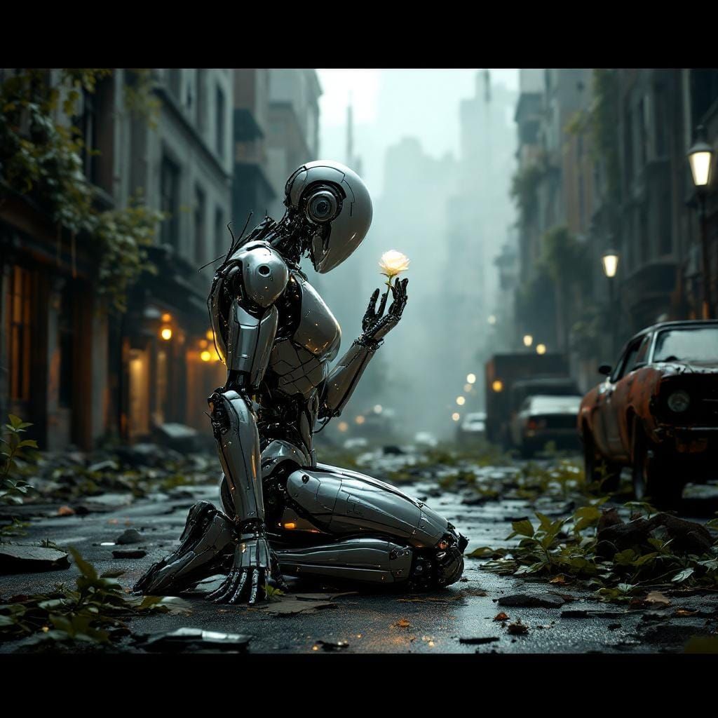 Humanoid Robot in Ruined City with Glowing Rose