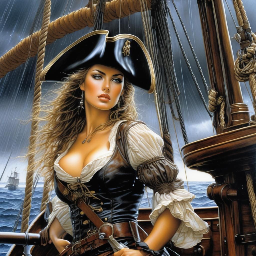 Female Pirate on Ship Deck in Rainstorm