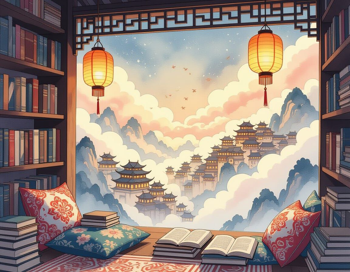 Dreamy Cloud Library in Chinese Ink Painting