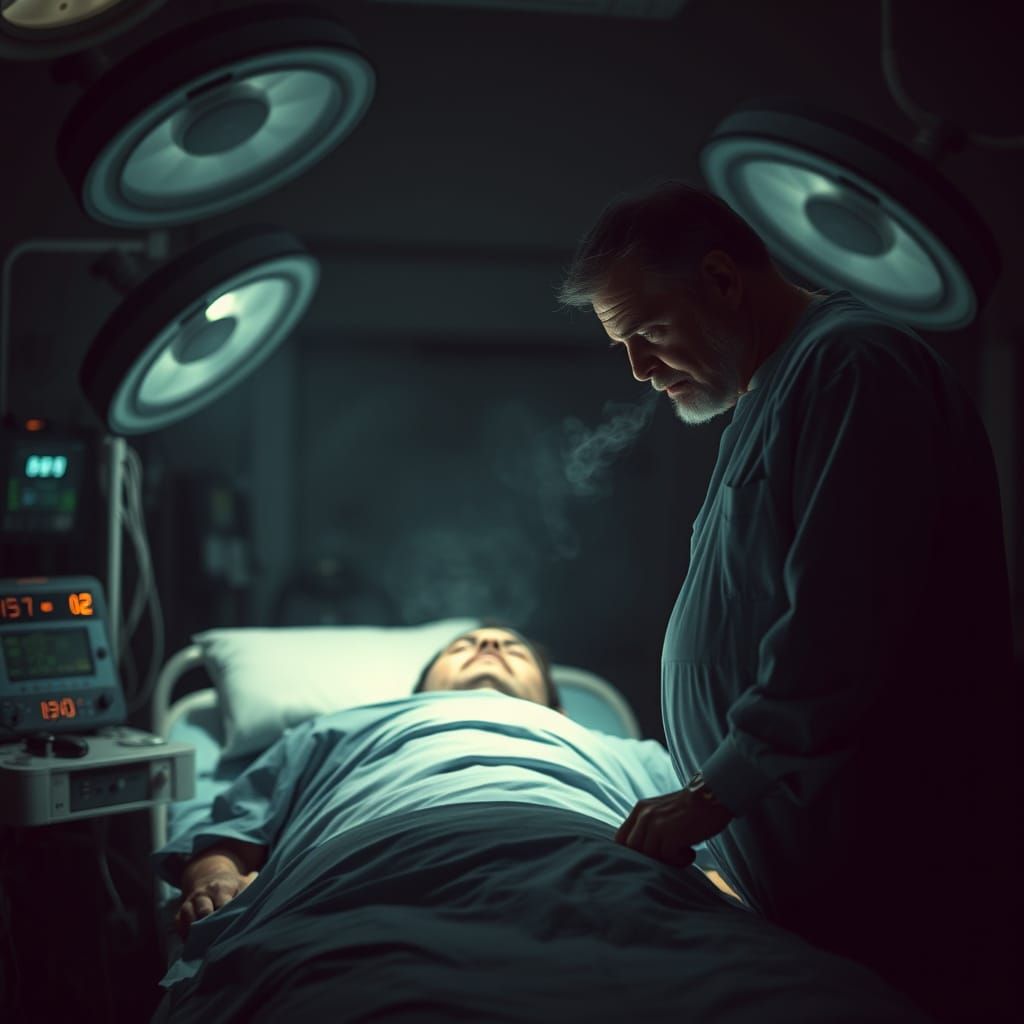 Surreal Operating Room Scene in Film Noir Style