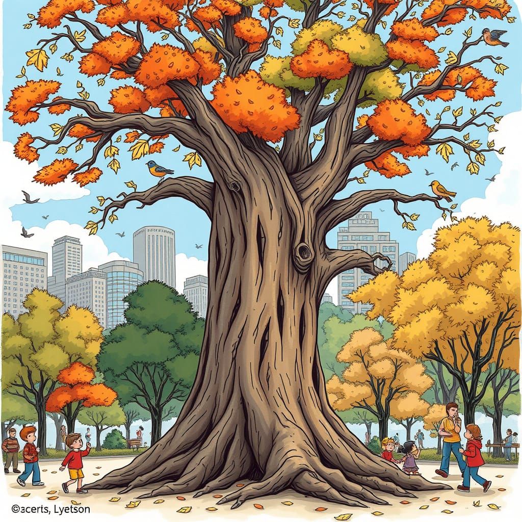 Wise Old Tree in City Park, Cartoon Style