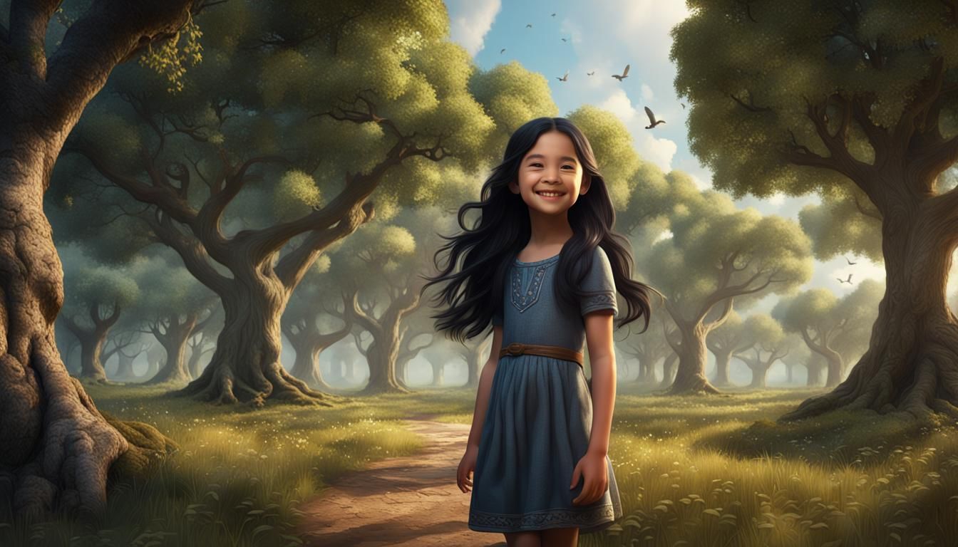 Smiling Girl with Oak Trees in Detailed Matte Painting