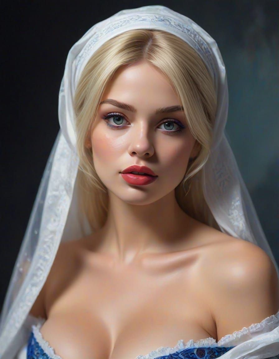 Blonde Nun on Beach Under Starry Night