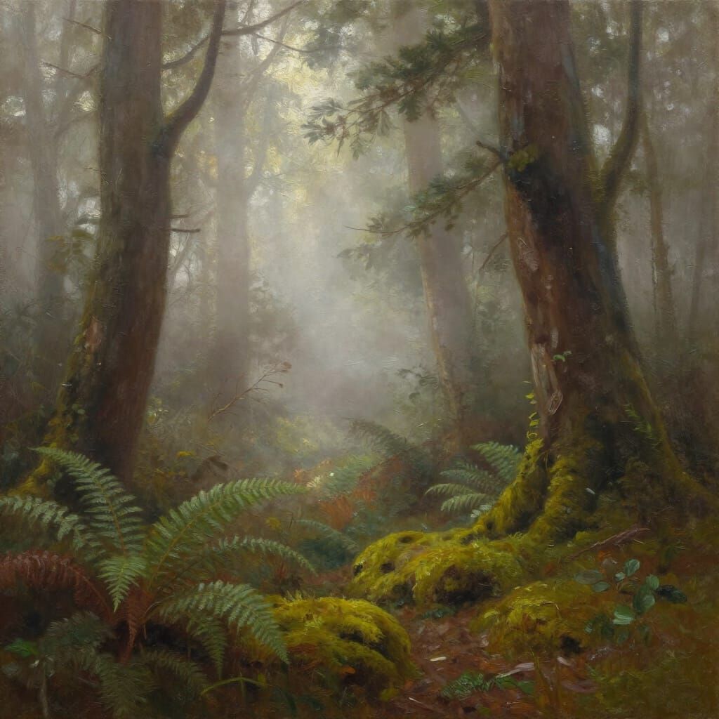 Misty Forest Dawn Oil Painting with Ethereal Light