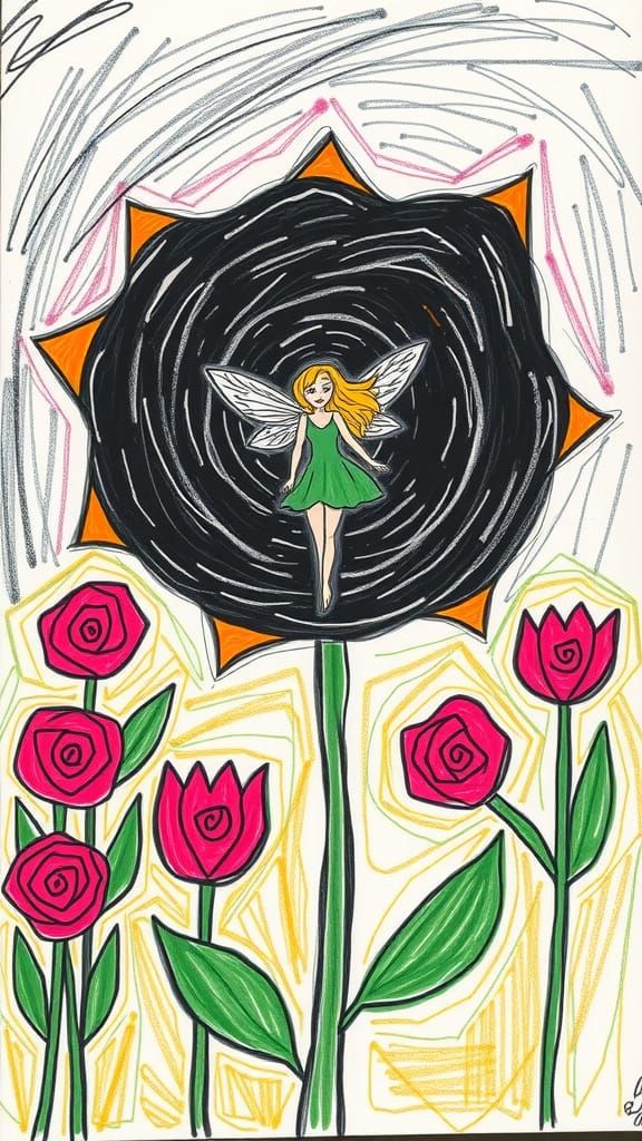 Child's Crayon Drawing of Halloween Rose and Fairy