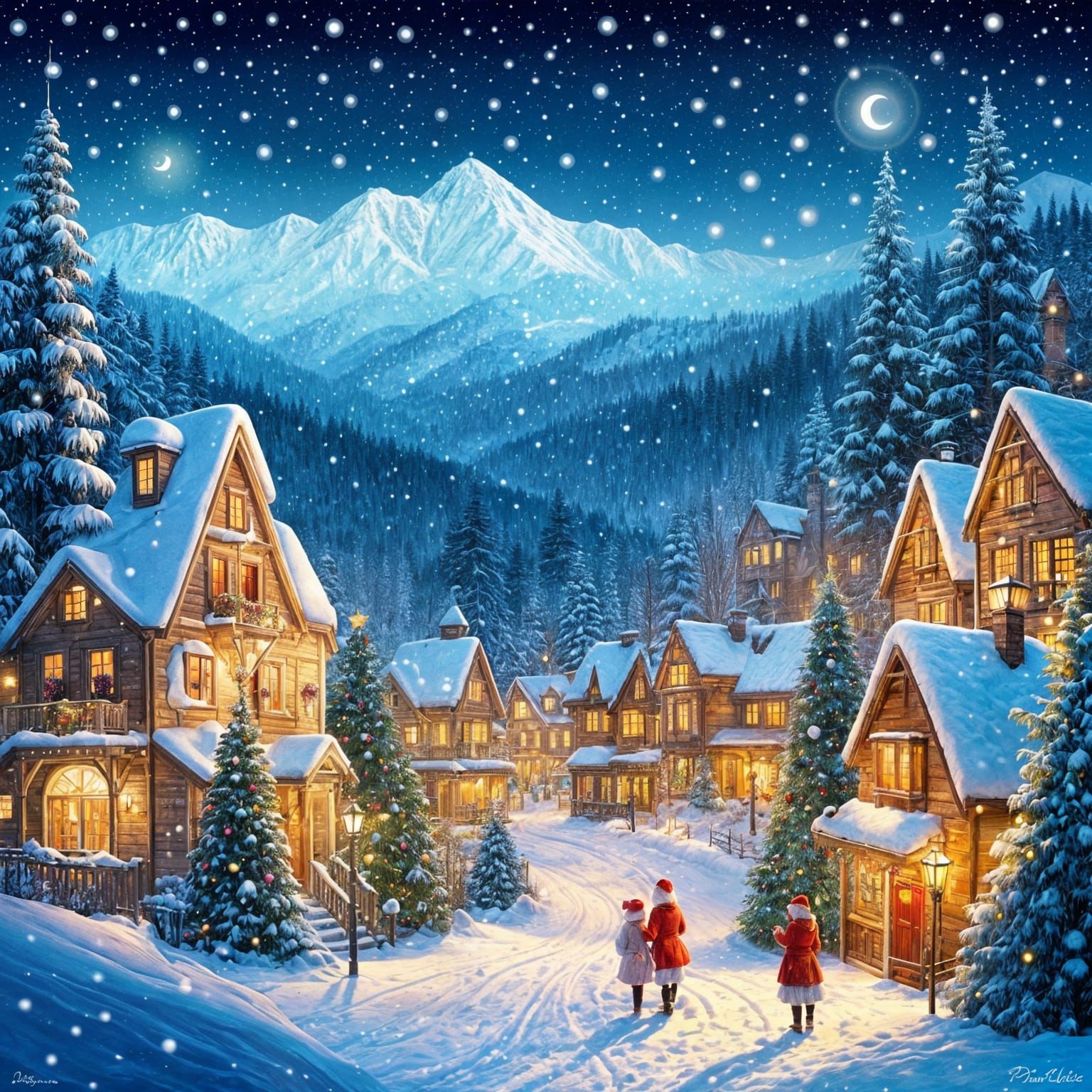 Cozy Christmas Village Painting in Snowy Mountains