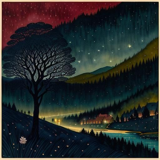 Detailed Night Landscape in Maximalist Collage Style