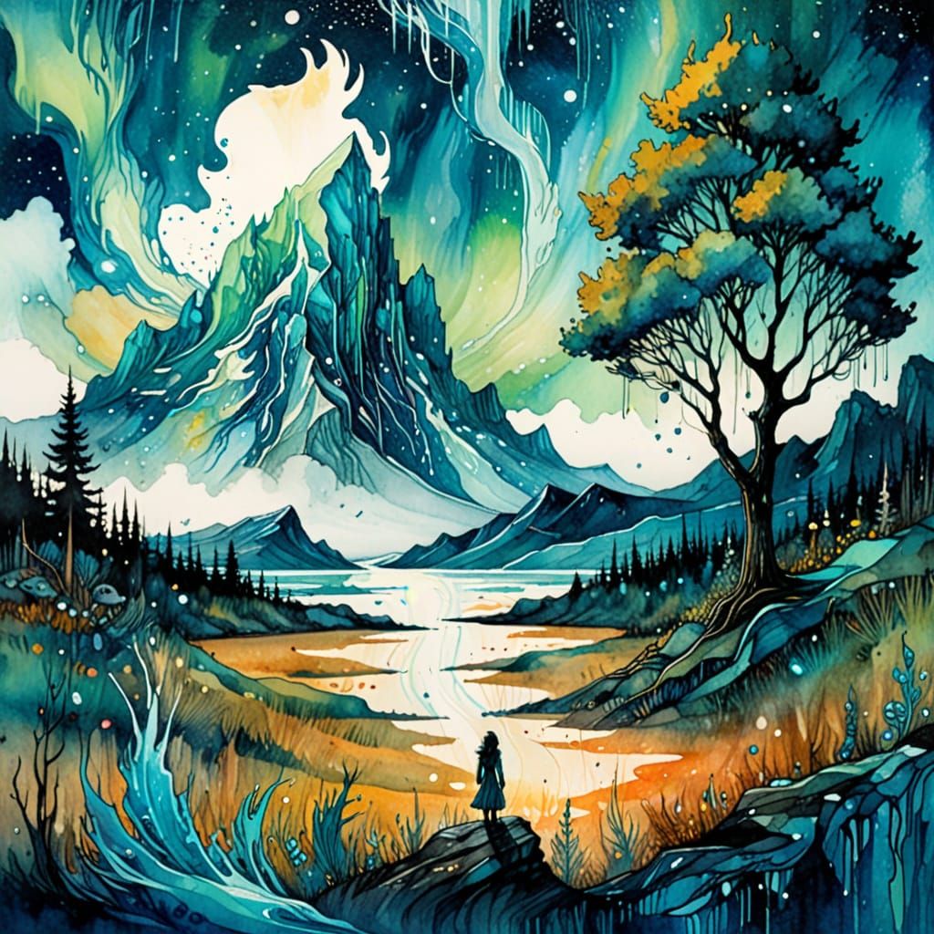 (aurora borealis:1.5), Andy Kehoe and Carne Griffiths, deep blue and turquoise dominant, fine-tuned watercolor ample use...