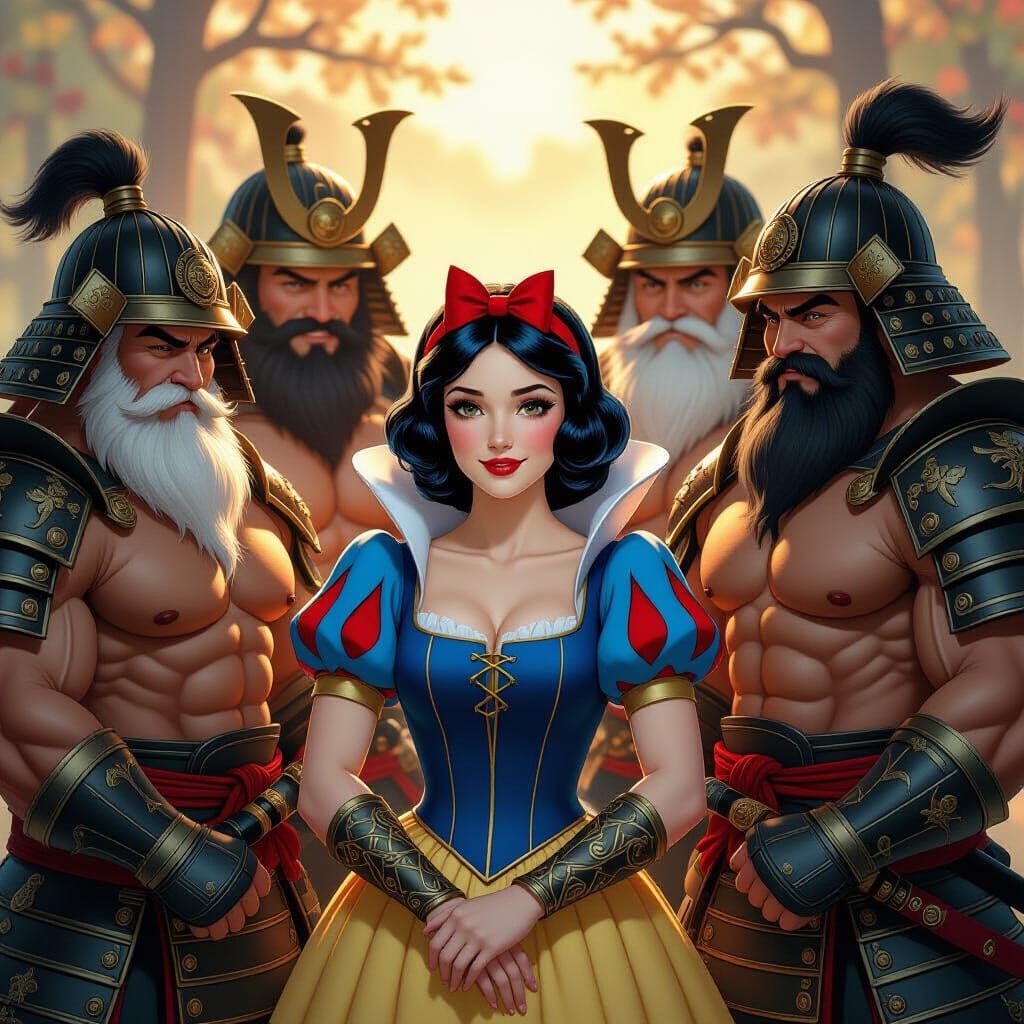 Snow White with Muscular Samurai Dwarfs in Golden Hour